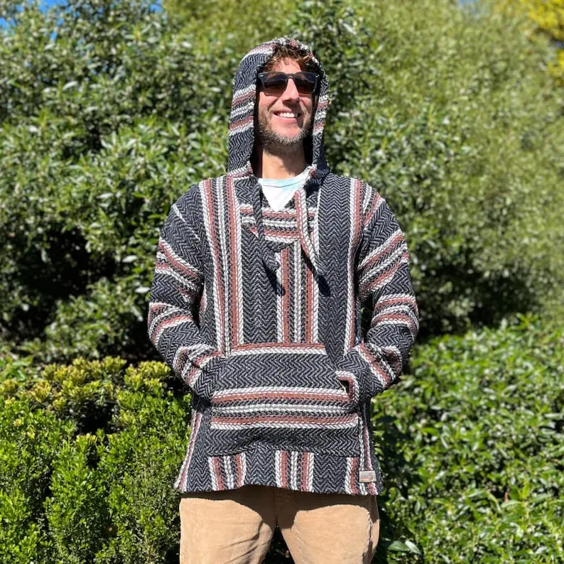 Mexican Poncho Baja Hoodie | Hooded Sweater | Handmade in Mexico | Dark Grey Rust Mexican Hoodie with Stripes | Drug Rug
