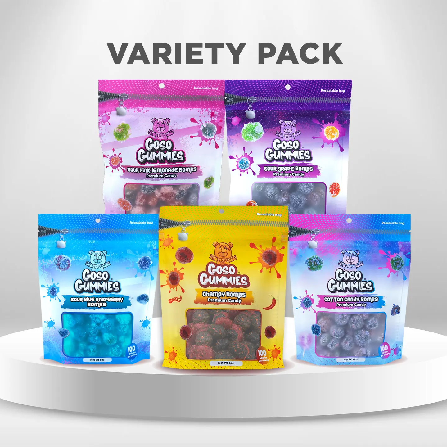 Goso Gummies Sweet Sour & Spicy Viral Gusher Bombs - Variety 5-Pack - 30 Ounce Bundle - Viral Gushers