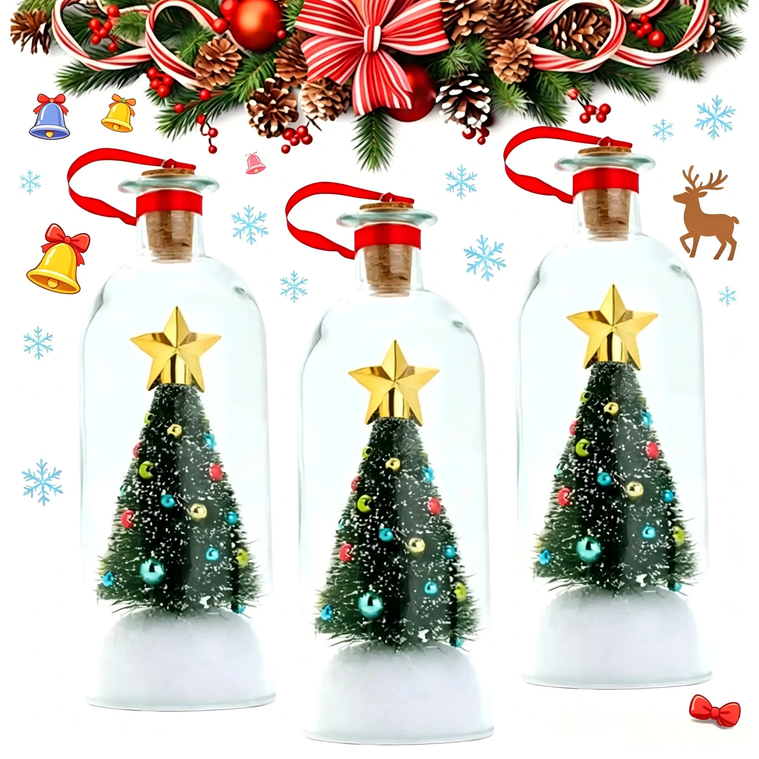 3-Piece Cordless Christmas Tree Glass Message Bottles Set with Audio - Transparent Toys, Tabletop Decorations with Snow Scene Wishing Recording, Cute Gift for Family Xmas Party (Batteries Included)
