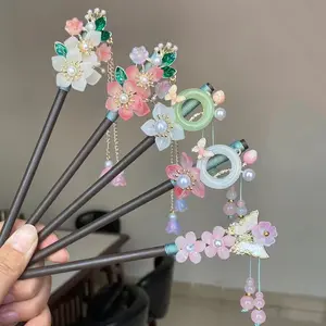 Women's Luxury Beaded Floral Hair Clip Set - Handcrafted Tassel, Wooden Base, Vintage Elegant Hanfu Hairpin, Hair Stick, Beads