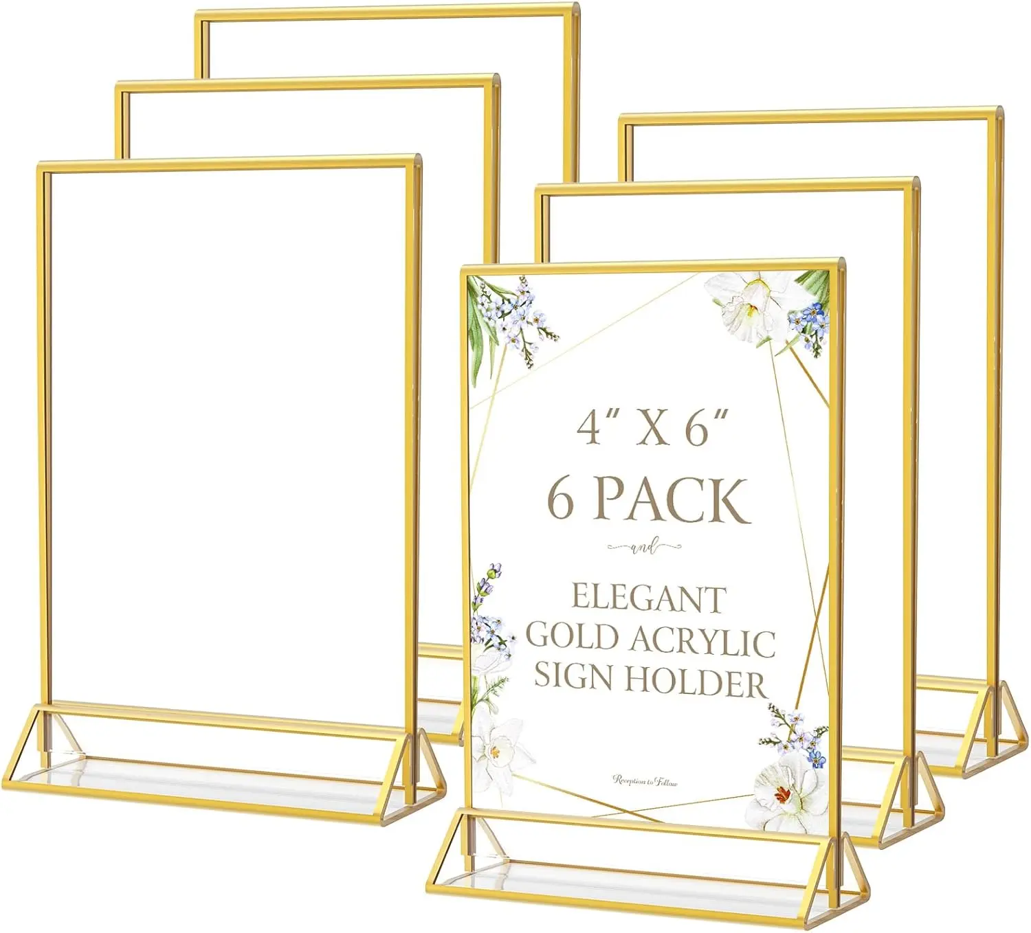 MaxGear 6-Pack 4x6 in Premium Acrylic Golden Picture Frame Set - Transparent Double-Sided Desk Photo Holder, Modern Glam Office Stationery Desk Organizer Accessory, Modern Glam Frame Golden Frame Party Decoration Frame