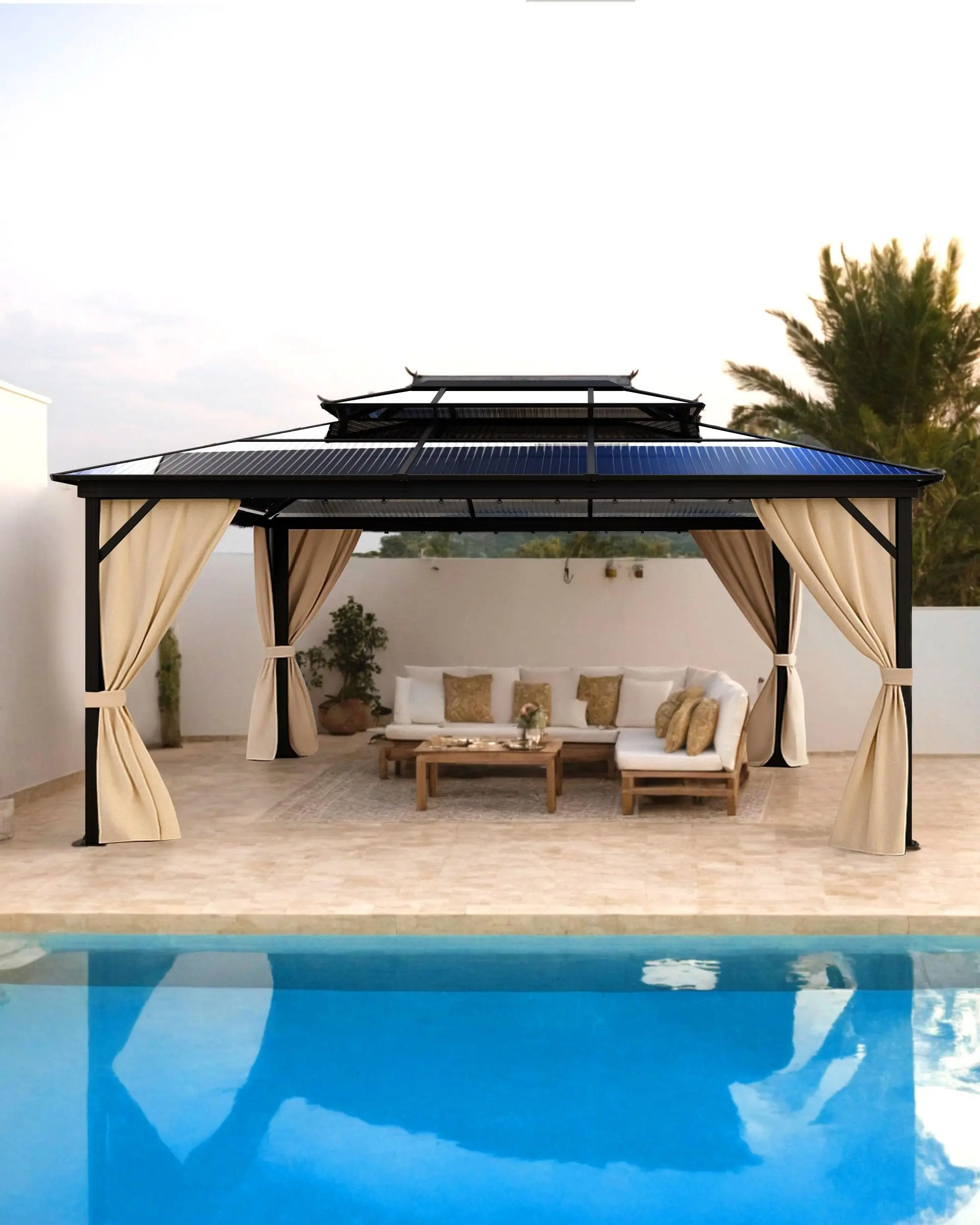 12x16Ft Hardtop Gazebo, Heavy Duty Gazebo with Curtains and Netting, Outdoor Gazebo with Double Metal Roof, Shade Canopy with Aluminum Frame, for Deck, Backyard, Lawn, Garden