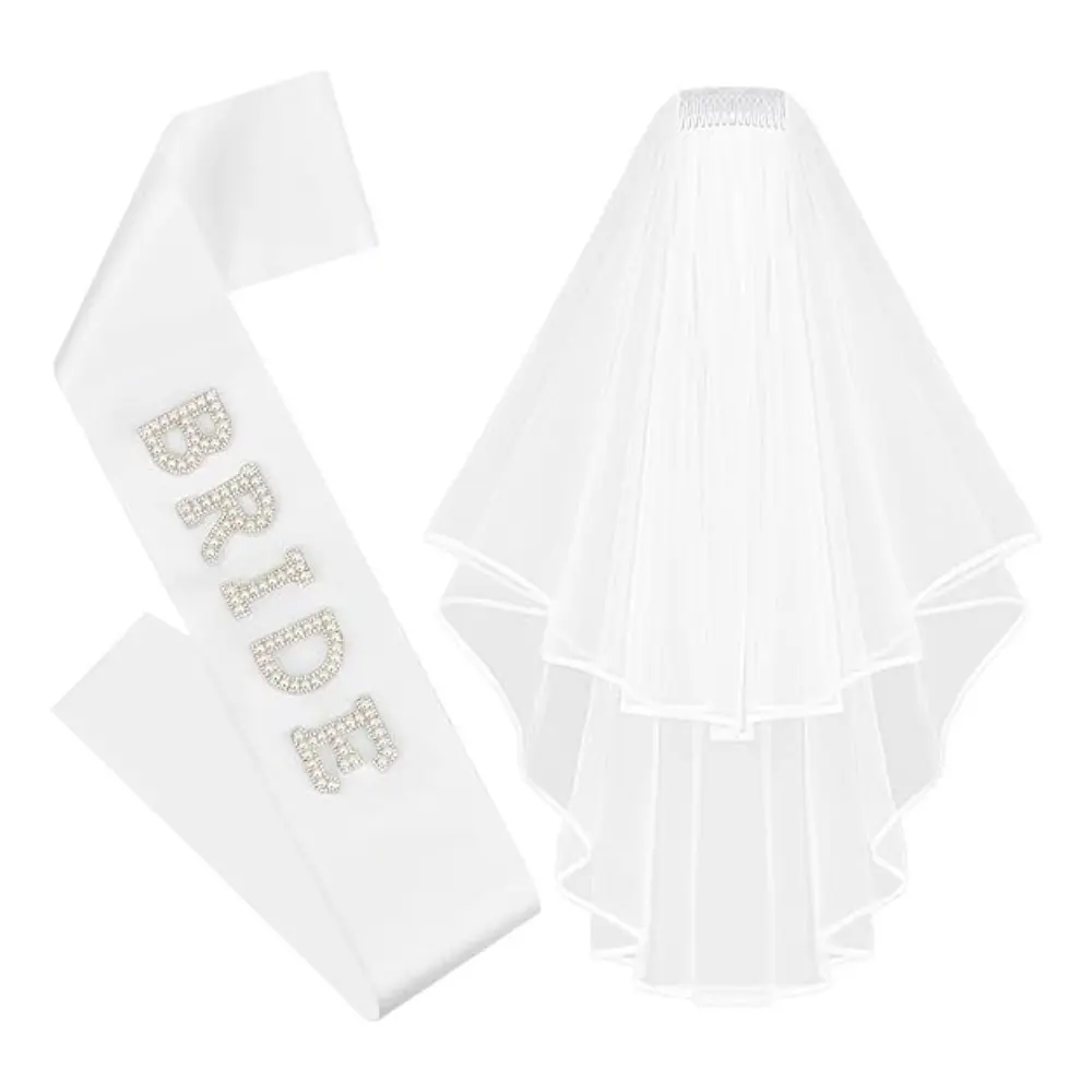 Elegant Wedding Decoration Set, Bride Shoulder Straps & Trailing Veil, Faux Pearl Letter Design, Shiny Satin Fabric, Perfect for Engagement Parties, Wedding Veils for Brides