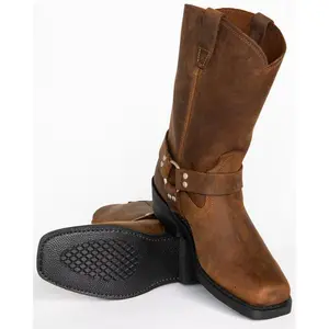 Cowboy boots with square toe and distinctive metal ring and thick heel