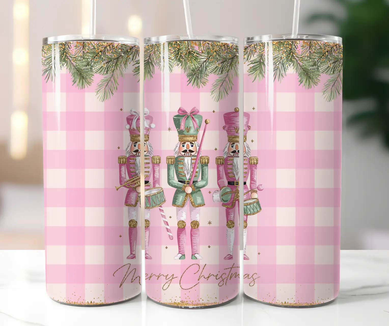 Pink Holiday Christmas Nutcracker Sublimation Stainless Steel Tumbler Cup 20 oz With Lid & Straw Christmas Gift Idea for Her