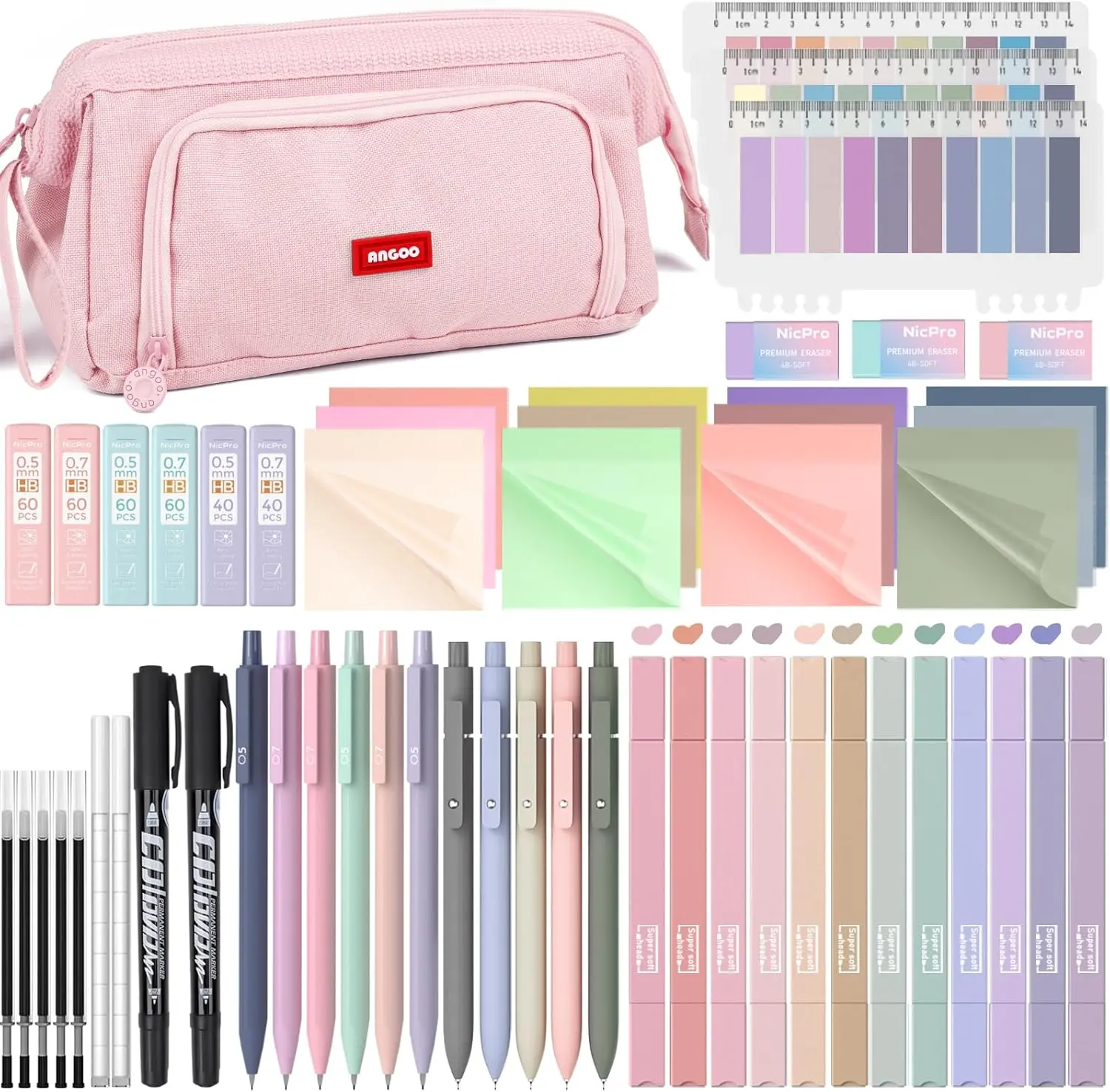 57 PCS Book Annotation Kit with Pen Case, Dual Highlighters, Gel Pens, Mechanical Pencils, Markers and 1200PCS Sticky Notes and Tabs for Bible Study and Student Stationery