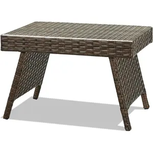 Patio Rattan Side Table - Folding Coffee Table with Premium Brown PE Wicker & High-Duty Steel Frame, Outdoor Beside Table for Garden, Courtyard, Poolside (Brown)