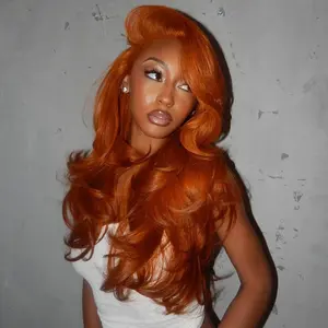 Ginger Flame Orange Human Hair Body Wave Wigs Pre Plucked 180 Density 13X4 Lace Frontal Brazilian Remy Hair Wig Copper Sunset Transparent Lace Front Wig
