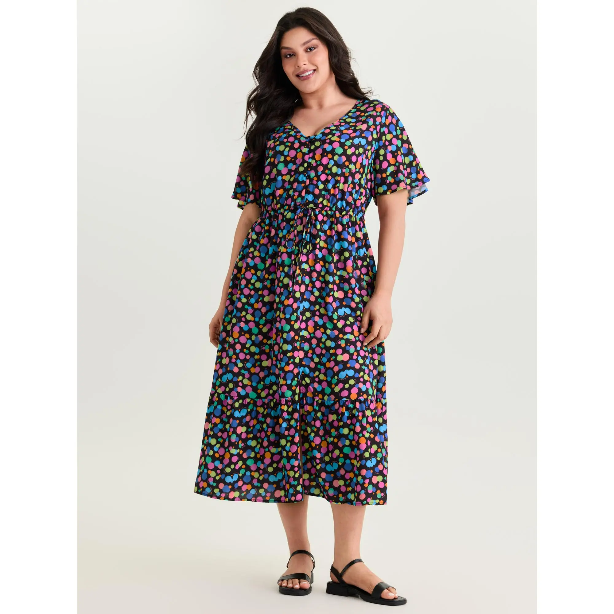 BLOOMCHIC Women's Plus Size Flutter Sleeve Casual Midi Dress - Rayon Smooth Fabric, Multi-Color Polka Dot Print, Side Pockets, Flattering Fit, Women's Clothing Garment, Sizes 14-16/1X 18-20/2X, Summer Casual Playful Going Out Wear, Low Iron, Ready To Wear