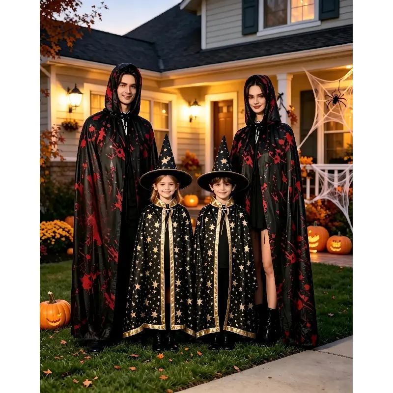Halloween Cape Cloak for Adults & Kids, Witch Wizard Cosplay Hooded Cape, Blood Print Horror Cloak Party Costume Prop