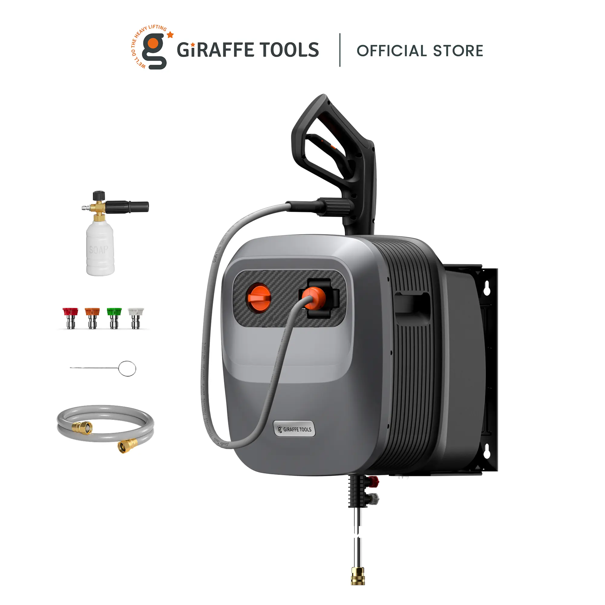 Giraffe Tools Grandfalls Retractable Pressure Washer G20 2400 PSI 2.0 GPM with 65FT Hose Reel, 4 Nozzles for Floor, Cars, Patios & More