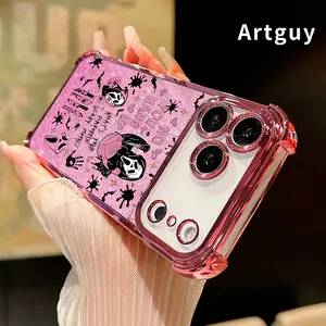 Pink Horror Pattern Four Corner Anti-Fall Phone Case Transparent Electroplated Protective Cover for iPhone 17 Pro Max Air 16 15 Plus 14 13 12 11 E