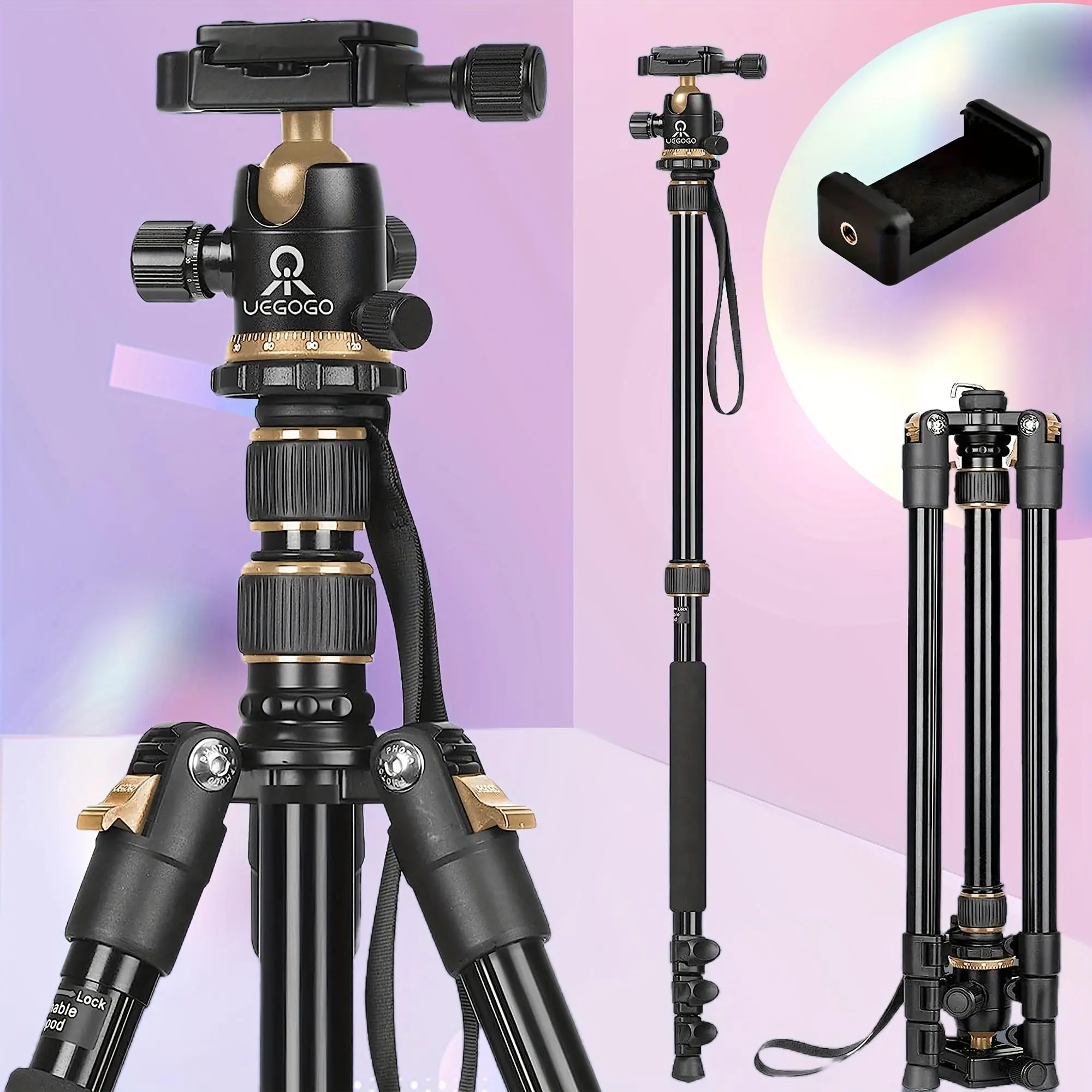 81" Heavy Duty Aluminum Camera Tripod Stand - Convertible to Monopod, Adjustable Leg Angles, 2.06m Max Height - Metal Smartphone Holder Clip for Studio, Outdoor Photography Accessories #SummerWins#BackToSchoolDeal