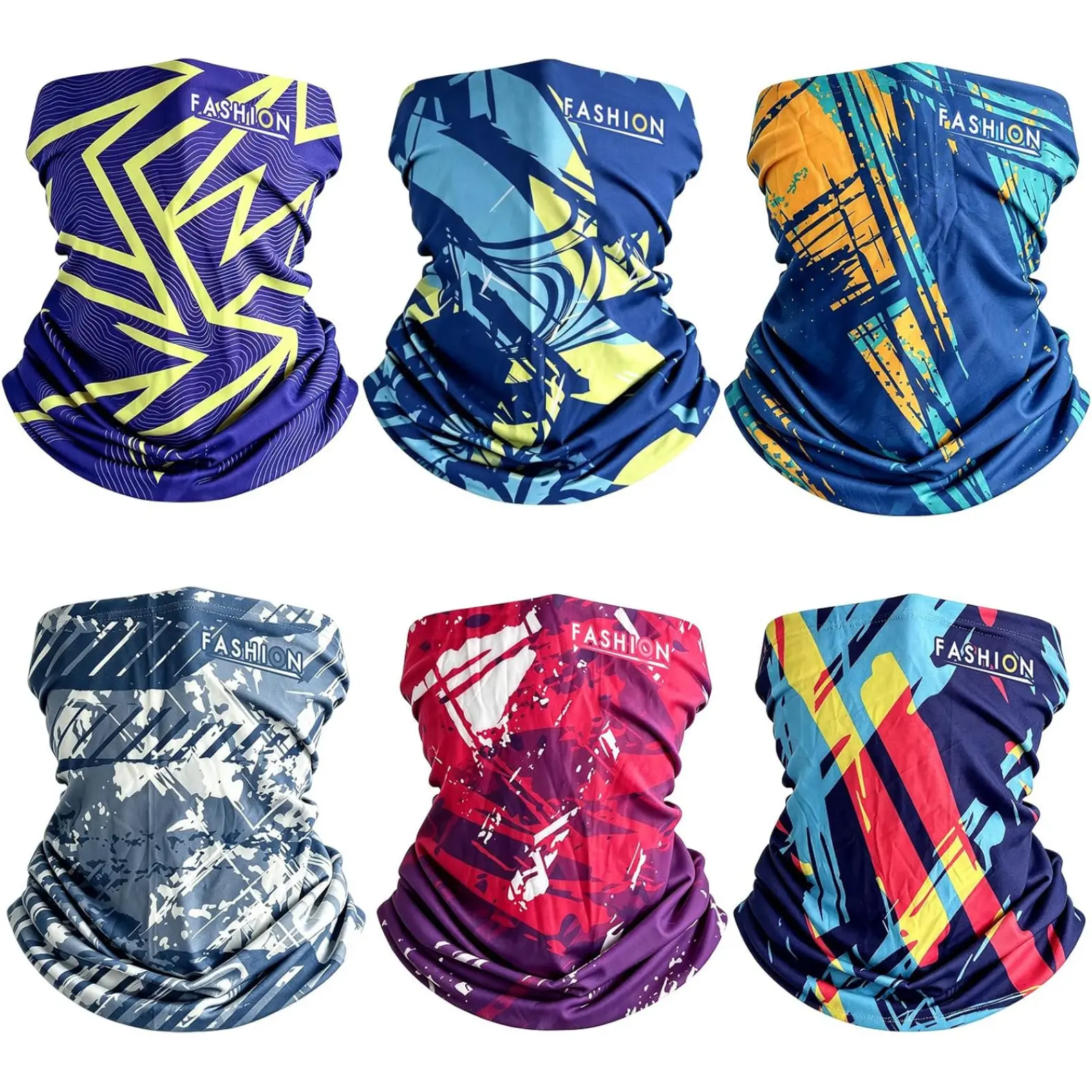 6-Pack Unisex Printed Neck Gaiter Face Covering, Breathable Quick-Dry Polyester for Sports & Outdoors, UV Protection, 1 Size Fits Most, Neck Gaiter Masks, Breathable Face Covering, Mask Neck Gaiter