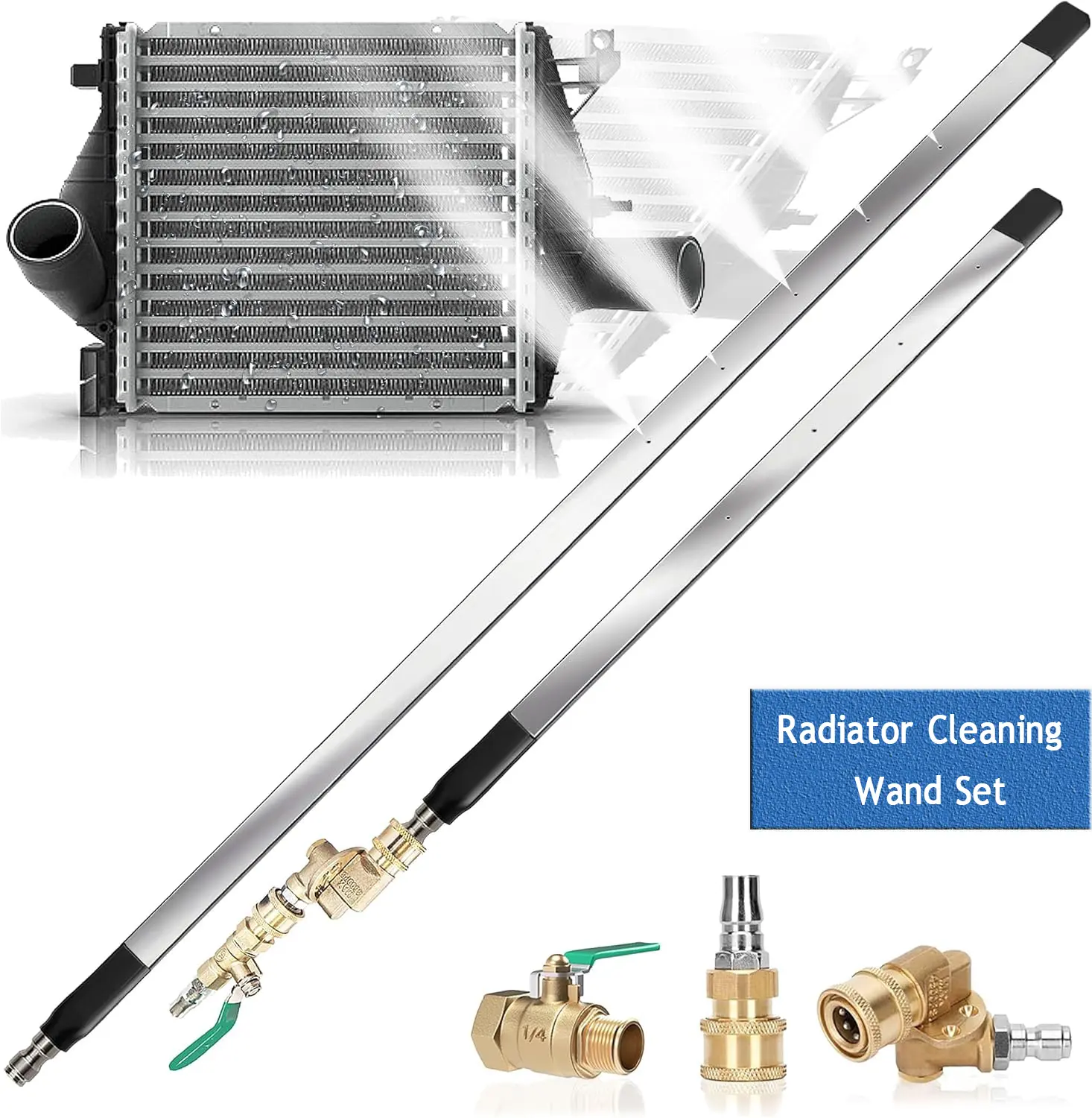 Radiator Cleaning Wand with Air Pipe Quick Connector, 4500 PSI 24'', Quick Water Tank Cleaner for Household Cars Trucks SUV RV (with Switch) High Pressure Washertools Heavy Duty Wash