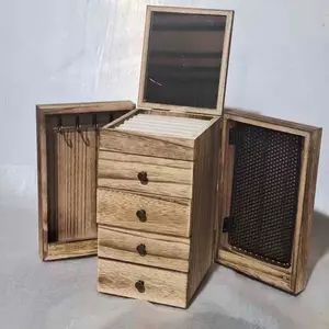 Vintage Wooden Jewelry Box Multi-Layer Storage, Side Door Open-Close, Button Lock, Dual Drawers Necklace Ring Slots, Large Capacity Organizer, Lockable Storage Boxes, Multilayer Storage