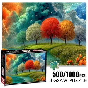1pc 1000 piece adult Creative Puzzle 70x50cm Colorful Trees beside River with Cloudy Sky and Birds 500 pieces of paper jigsaw puzzle, suitable for adults and families, large-scale DIY puzzle interactive toy