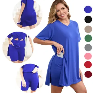 2026 New Plus Two Piece Outfits for Women With Pockets - Ladies Short Sleeve Tunic Top & Bodycon Shorts, Breathable Loungewear, Comfortable Fashion for Outdoor Activities,Summer and Spring.