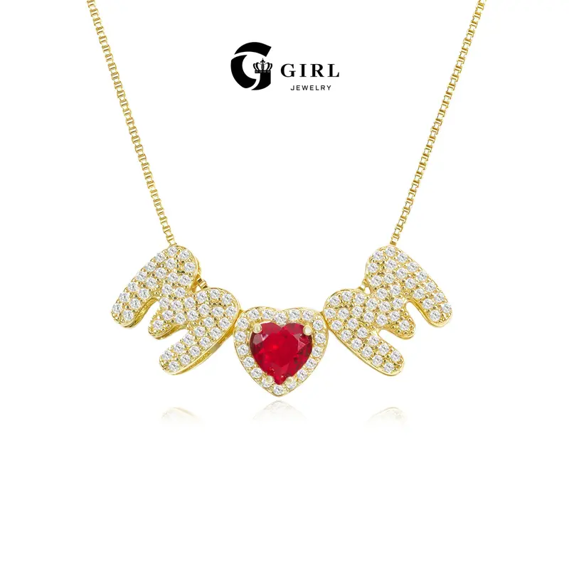 GGIRL 14 Karat Gold Plated Bubble Letters Cubic Zirconia "Mama" Necklace, 12-Month Color Birthstones Heart Pendant, Dainty Female Daily Jewelry, Ideal Birthday/Mother’s Day Gift for Women, Anniversary