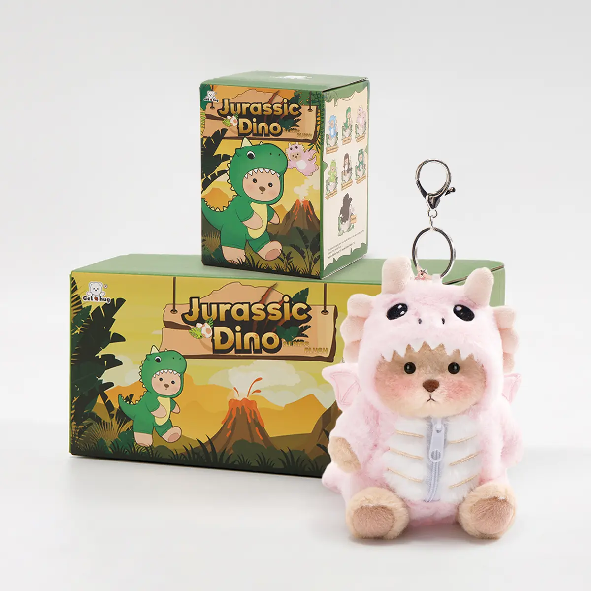 Getahug Jurassic Dino Series Plush Mini Bear Blind Box | 5.9 Inches Bag Charm Keychains Gift,Summervibes,Changeable Outfit Teddy Bear Set,Furry Pink and Green Dino Teddy Bear,Interactive Teddy Bear with Dino Outfits