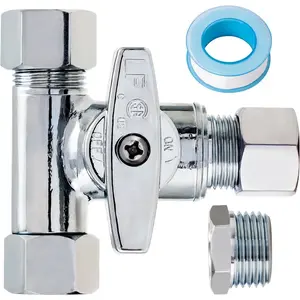 Angle Stop Add-A-Tee Valve 3/8"x3/8"x3/8" or 1/2" Compression Tee Valve, 3 Way Diverter Water Line Splitter with Tape for Washlet Bidet, Dishwasher and Handheld Sprayer