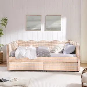 Size Upholstered Daybed with 2 Storage Drawers, Gingham Daybed with USB Ports for Bedroom Living Room Guest Room
