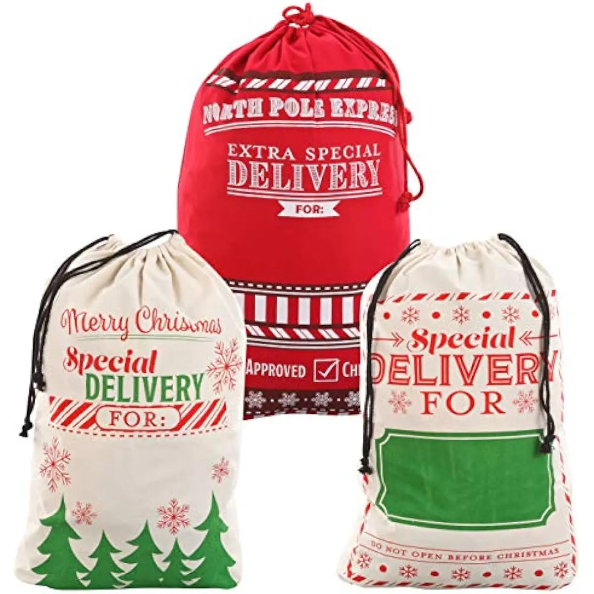 JOYIN 3 PCS Christmas Drawstring Santa Burlap Sack 26" x 19", Large Canvas Gift Bag Reusable Personalized Cloth Pouch for Xmas Presents Package, Party Supplies, Hoilday Decoration