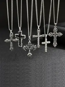 Men's Cross Pendant Necklace 6pcs Set, Cross Necklaces, Hip Hop Punk Style Stainless Steel Chain, Unique Personalized Jewelry Gift for Men