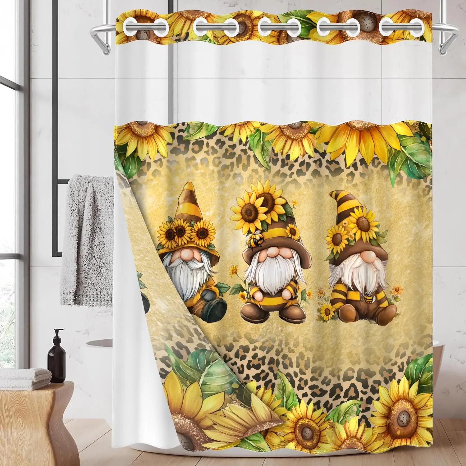 1pc 2D Flat Printing hookless Farmhouse shower curtain hanger liner Sunflower Gnomes Fabric waterproof lining shower curtain with transparent window, double-layer shower curtain, 71 x 74 inches, modern home curtain decoration, Floral Shower Curtain