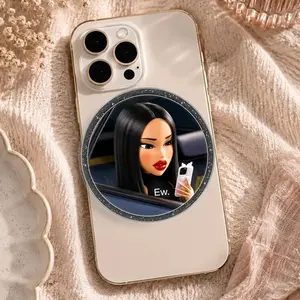 "Sassy Cartoon Character Phone Grip – 'Ew' Aesthetic Pop Socket, Black Hair Girl Phone Stand, Unique Glitter Frame Collapsible Holder, Trendy Gift for Her"