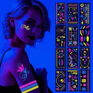 Fluorescent Tattoo Stickers, Temporary Makeup Tattoos, Temporary Wear, UV Reactive Glowing Effect, Waterproof, Ideal for Music Festivals and Parties