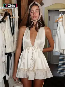 Women Summer Sexy Halter V Neck Sleeveless Backless Party Club Evening Stain Bodycon Mini Dress Boho Dress