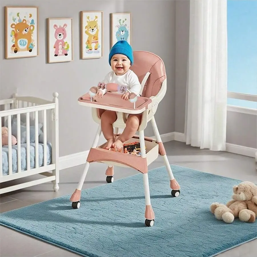 3-in-1 Baby High Chair for 6–36 Months, Convertible Infant Feeding Chair with Adjustable Tray, PU Cushion, Activity Toys & Lockable Wheels – Multi-Use Chair for Feeding, Play & Rest