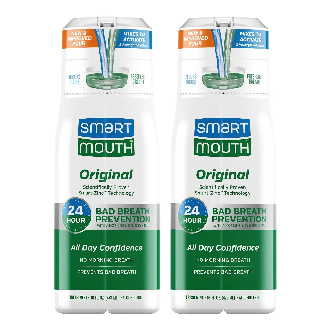 SmartMouth Original Zinc Activated Mouthwash - Instant Fresh Breath Mouthwash - Eliminates Bad Odors and Bad Breath - Alcohol-Free, Sugar-Free, Gluten-Free - Fresh Mint - 16 fl oz (2 Pack)