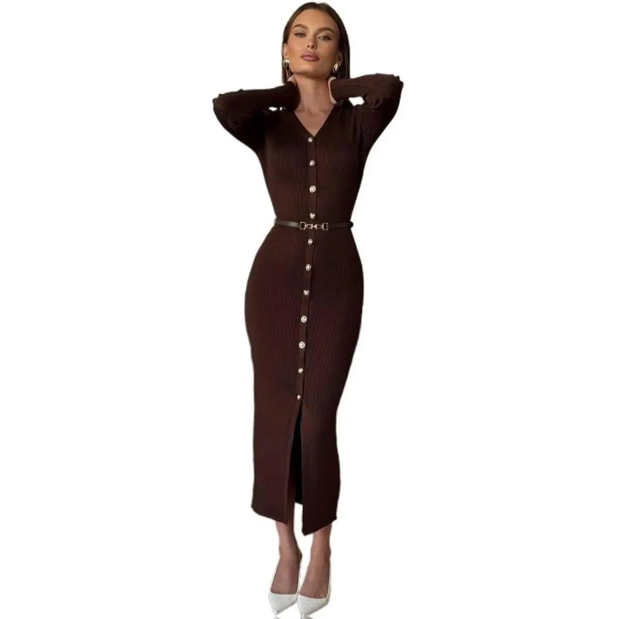 PRAHARA 2025 Christmas Dress Winter Collection Vintage Style Maxi Dress Women Elegant Casual Button V-Neck Skinny Solid