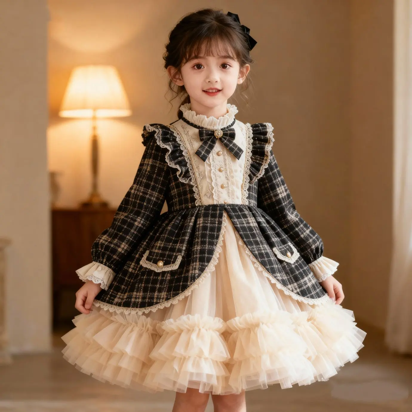 Spring/Autumn French vintage plaid girls’ dress with notched lapel collar, ruffled sleeves, long sleeves, multi-layered off-white tulle skirt, flared fluffy silhouette; casual occasion dress for everyday wear, photoshoots, birthday parties, and events.