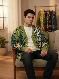 men's letter & dinosaur print drop shoulder cardigan, loose casual long sleeve v neck button front knitwear for fall & winter, men's knit clothing for daily wear