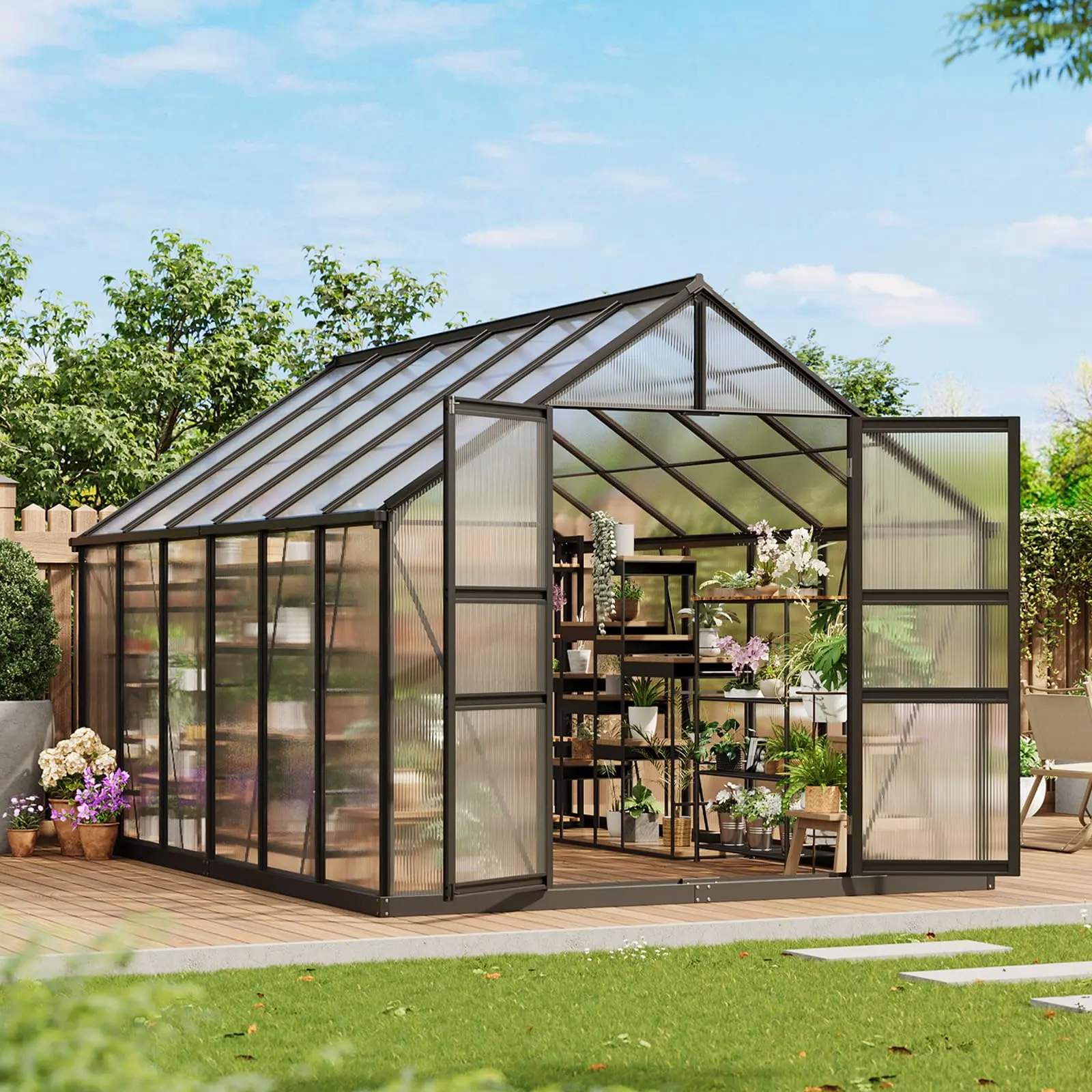 Garvee 8x12 FT Greenhouse for Outdoors, Polycarbonate Greenhouse with Roof Vent, Ground Nails, Lockable Push Door, Aluminum Large Walk-In Green House for Outside Garden Backyard, Patio, Lawn