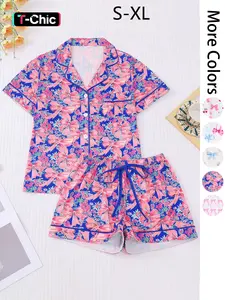 Women's All Over Print Button Front Pocket Shirt & Shorts Pyjama Two-piece Set, Casual Comfy Short Sleeve Collared Top & Shorts PJ Set, Ladies Summer Sleepwear Pajama Set