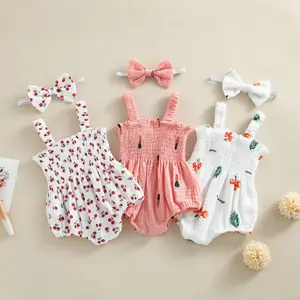 Newborn Baby Girl 2Pcs Summer Outfits Sleeveless Cherry/Carrot/Tree Print Romper with Headband Clothes 0-18M