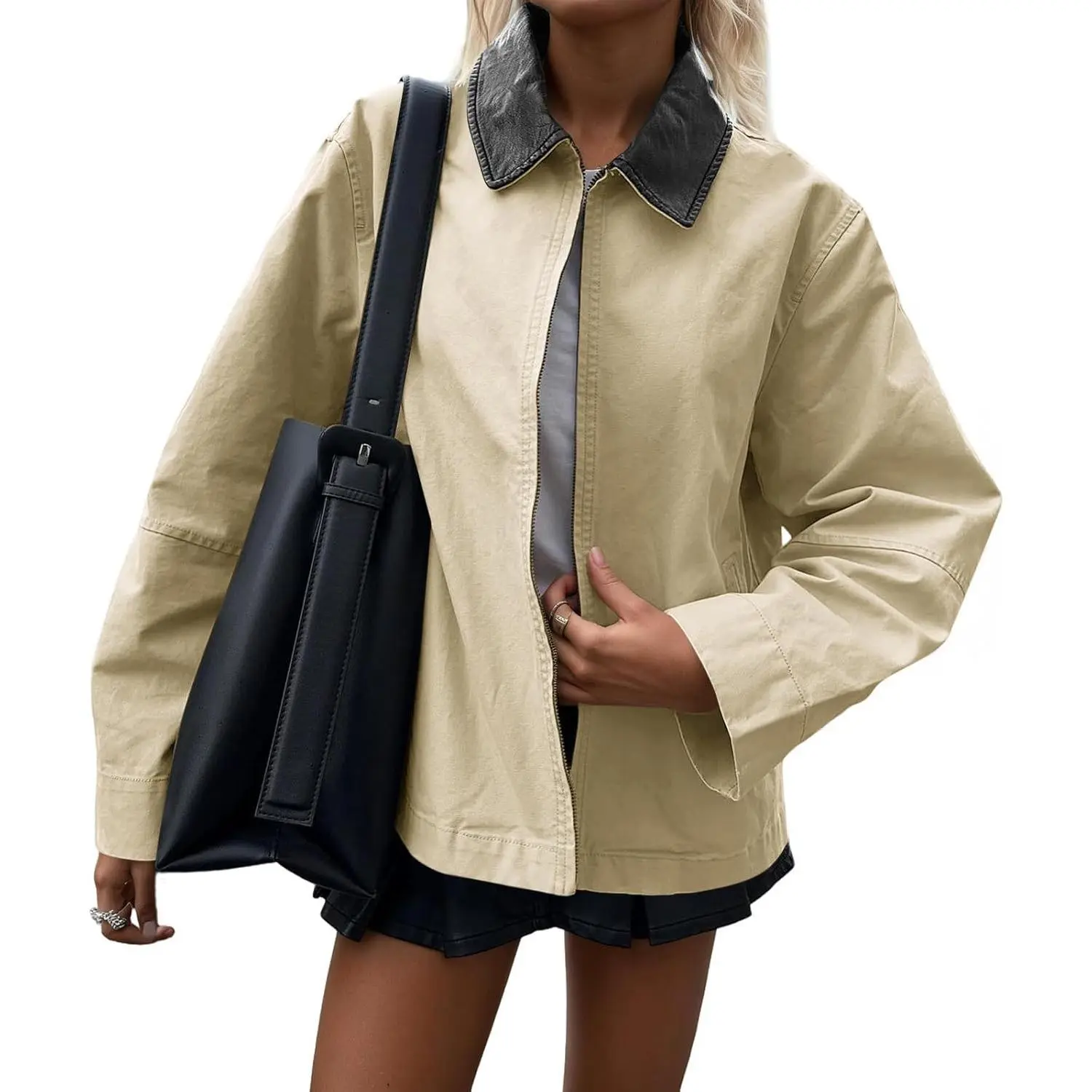 Lannew Womens Oversized Barn Jackets Zip Up Contrast Collar Lightweight Cotton Canvas Coats 2025 Fall Western Outfits