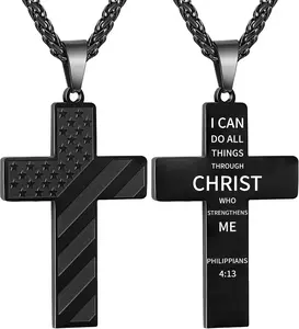Cross Necklace for Men Boys Bible Verse American Flag Pendant Baptism Religious First Communion Jewelry Gift