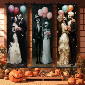 3 Counts Halloween Hanging Banner, Skeleton Wedding Couple Posters, Halloween Mural And Decorative Posters, Fun Party Decorations, Horror Themes, Living Room, Bedroom, Home Posters, High Definition, Waterproof, Ideal Gifts