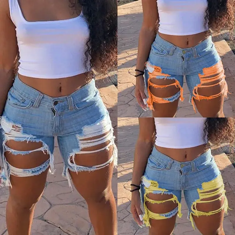 Women's 2-Piece Sports Clothing Set, 2025 Summer New Ripped Denim Shorts with Torn Details, High Street Style, Shorts for Women, Denim Fabric, S-2XL