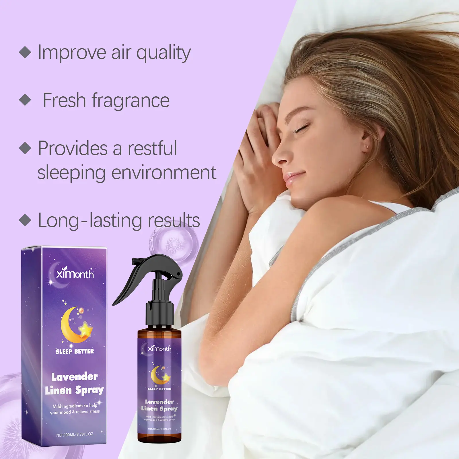 Ximonth Lavender Essential Oil Sleep Spray 100ml/3.38oz - Relaxes & Improves Sleep, Freshens Room, Relieves Fatigue, Contains Witch Hazel & Chamomile Extracts