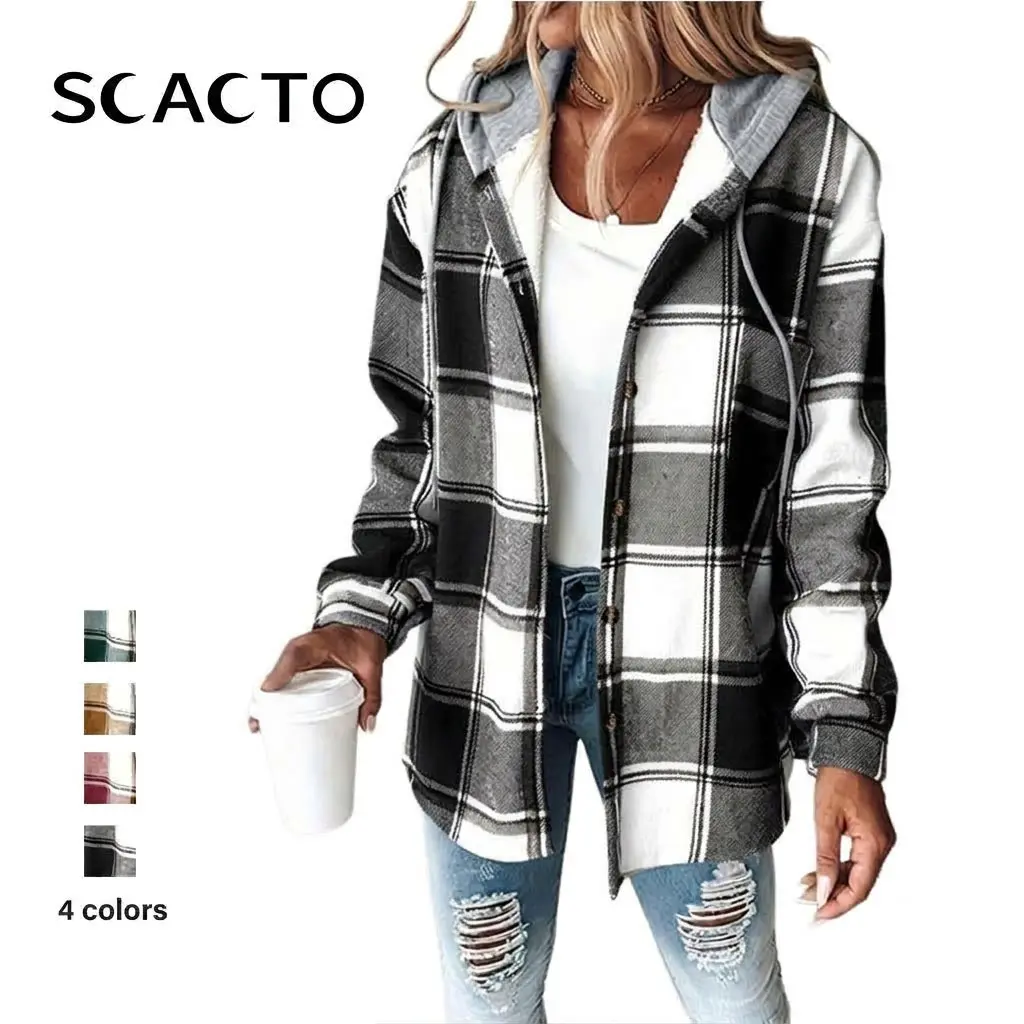 Scacto Women's Casual Plaid Hooded Fleece Lined Shacket - Jackets for Women, 95% Polyester 5% Spandex, Lightweight Long Sleeve Warm Coat, Button Front, Side Pockets, Body Coverage, Fall Winter Daily Wear, Fleece Jacket,sohochic