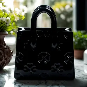 Handbag Shaped Ceramic Vase  Black Small Decorative Vase with Clover , 5.9"L x 2.95"W x 7.08"H, Multi-Use , Makeup Brushes & Pens, Elegant  for Women, Gothic & Modern Home Decor