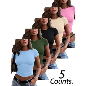 Women’s 5-pack cut T-shirts, solid color plain crew neck short-sleeve tops, breathable lightweight TikTok-inspired fashion cut T-shirts for women GARMENTARY
