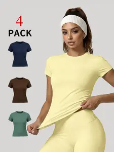 4-Pack Women's Simple Solid High-Elastic Sport Top, Soft Yoga T-Shirt, Compression Sports Tee, Comfortable Short Sleeve, Ideal for Daily Workout, Spring & Summer