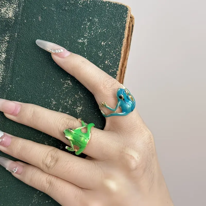 Female Funky Animal Frog Adjustable Band Ring - Green or Blue, Hip-Hop Style, Daily Wear, Party Accessory, Comfortable Fit, 1 Get 1 Free Costume Jewelry